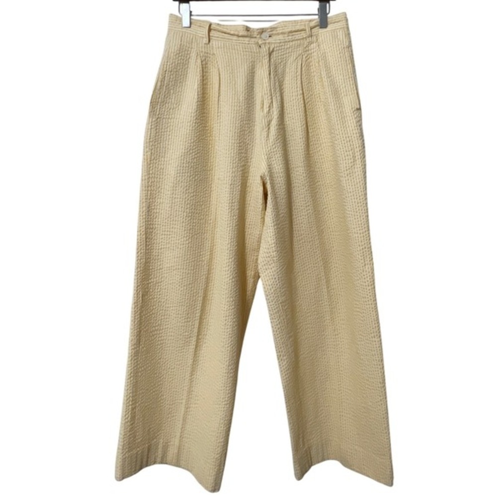 J Peterman Company Yellow Striped‎ Seersucker Pleated Wide Leg Pants Size 12